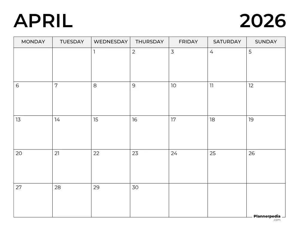 April 2026 Calendar Monday Start
