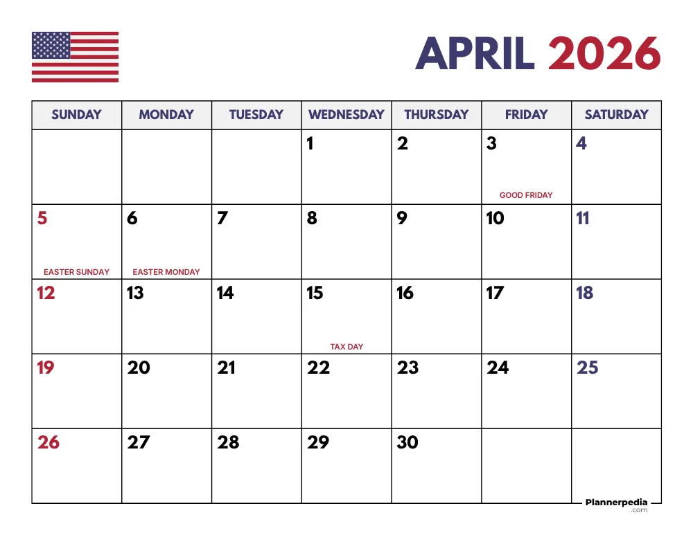 April 2026 Calendar with Holidays