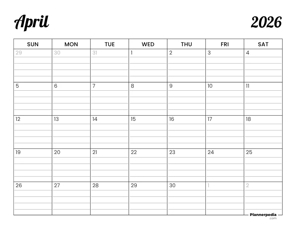 April 2026 Calendar with Lines 01