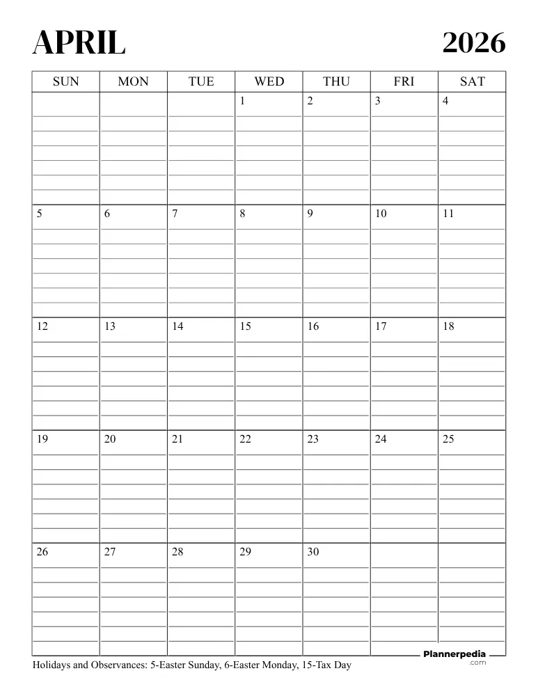 April 2026 Calendar with Lines 02