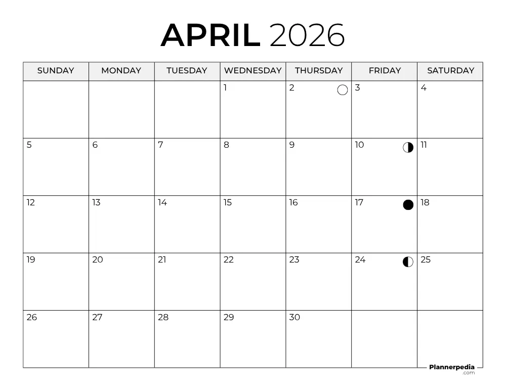 April 2026 Calendar with Moon Phases