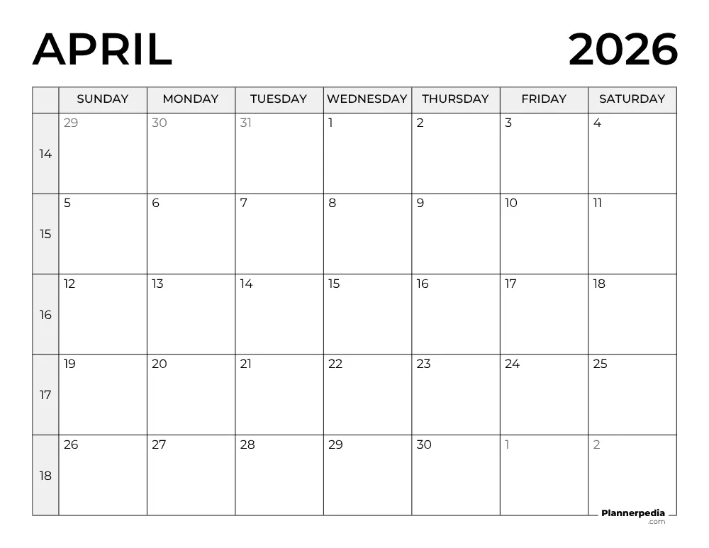 April 2026 Calendar with Week Numbers