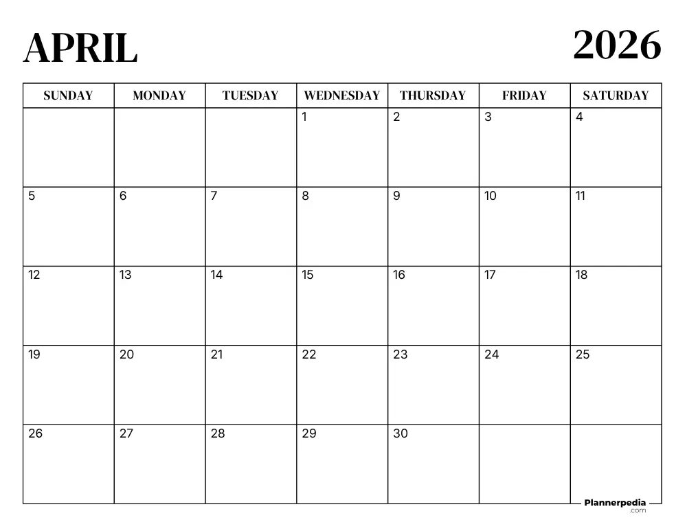Printable April 2026 Calendar