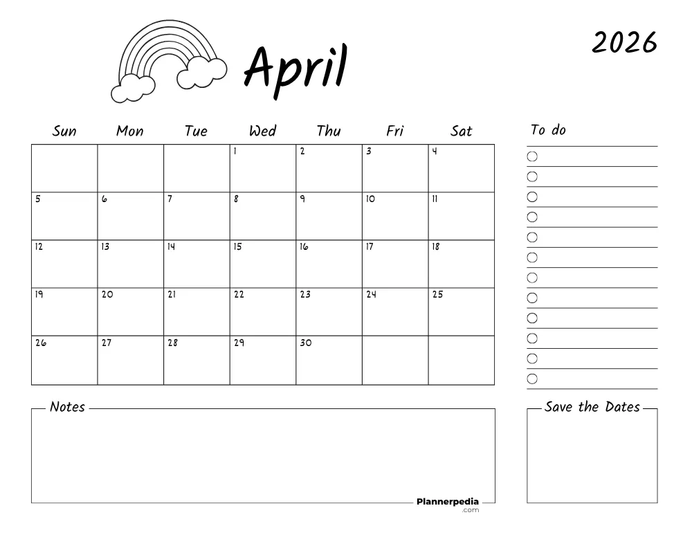 Printable April Calendar 2026