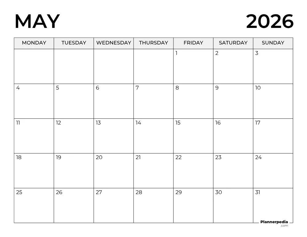 May 2026 Calendar Monday Start