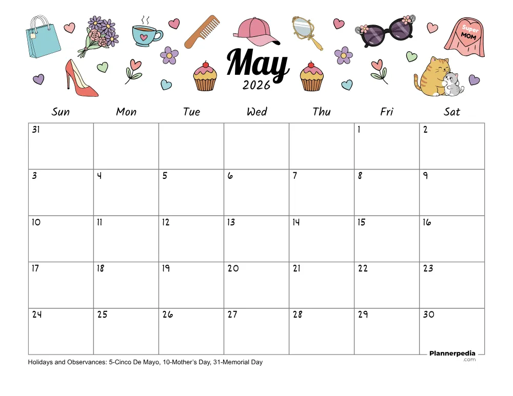 May 2026 Calendar Mothers Day Theme 01