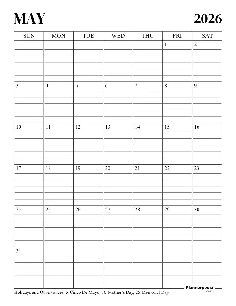 May 2026 Calendar with Lines 02