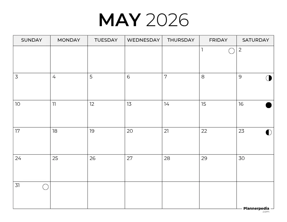 May 2026 Calendar with Moon Phases