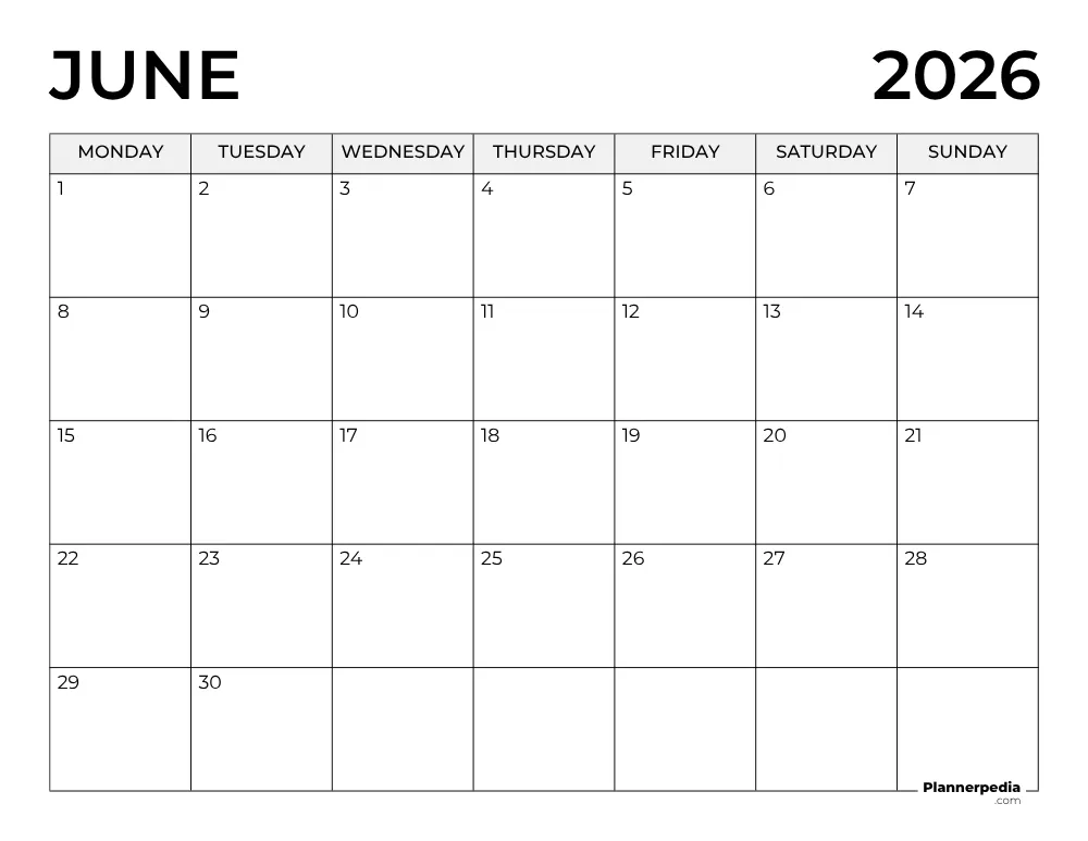 June 2026 Calendar Monday Start