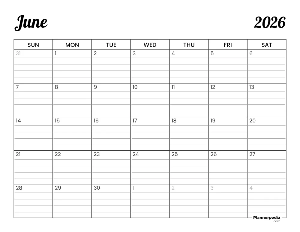 June 2026 Calendar with Lines 01