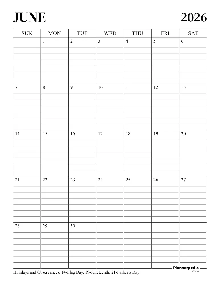 June 2026 Calendar with Lines 02