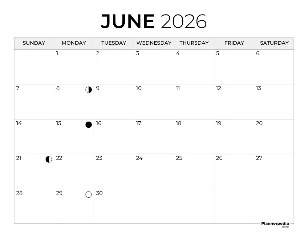 June 2026 Calendar with Moon Phases