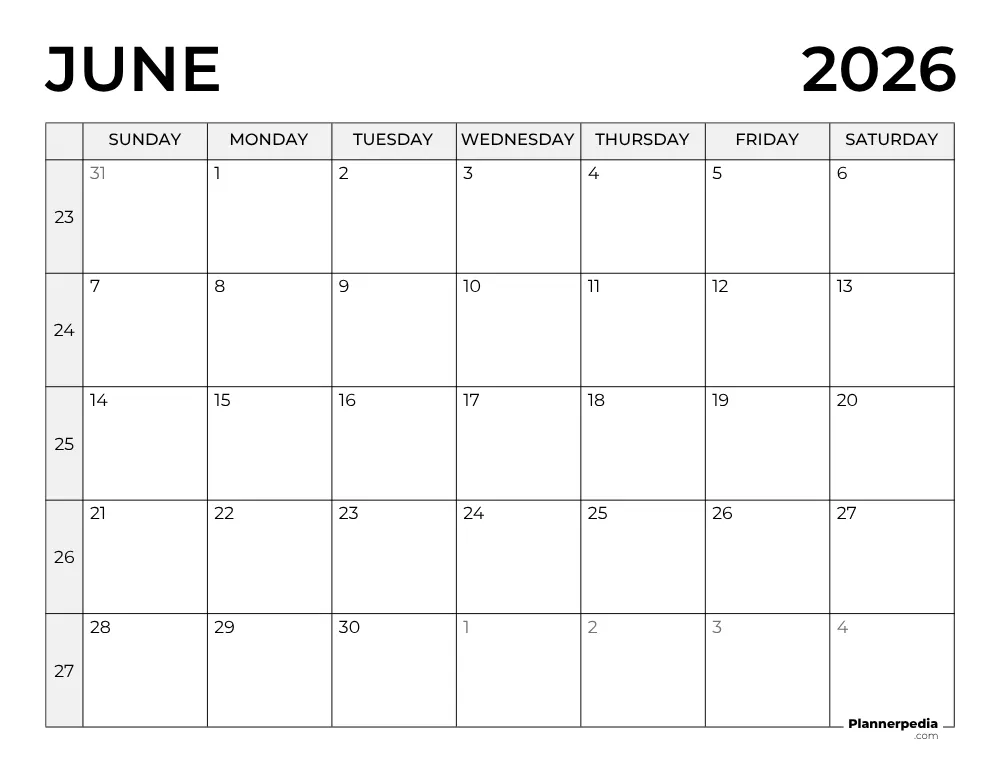 June 2026 Calendar with Week Numbers