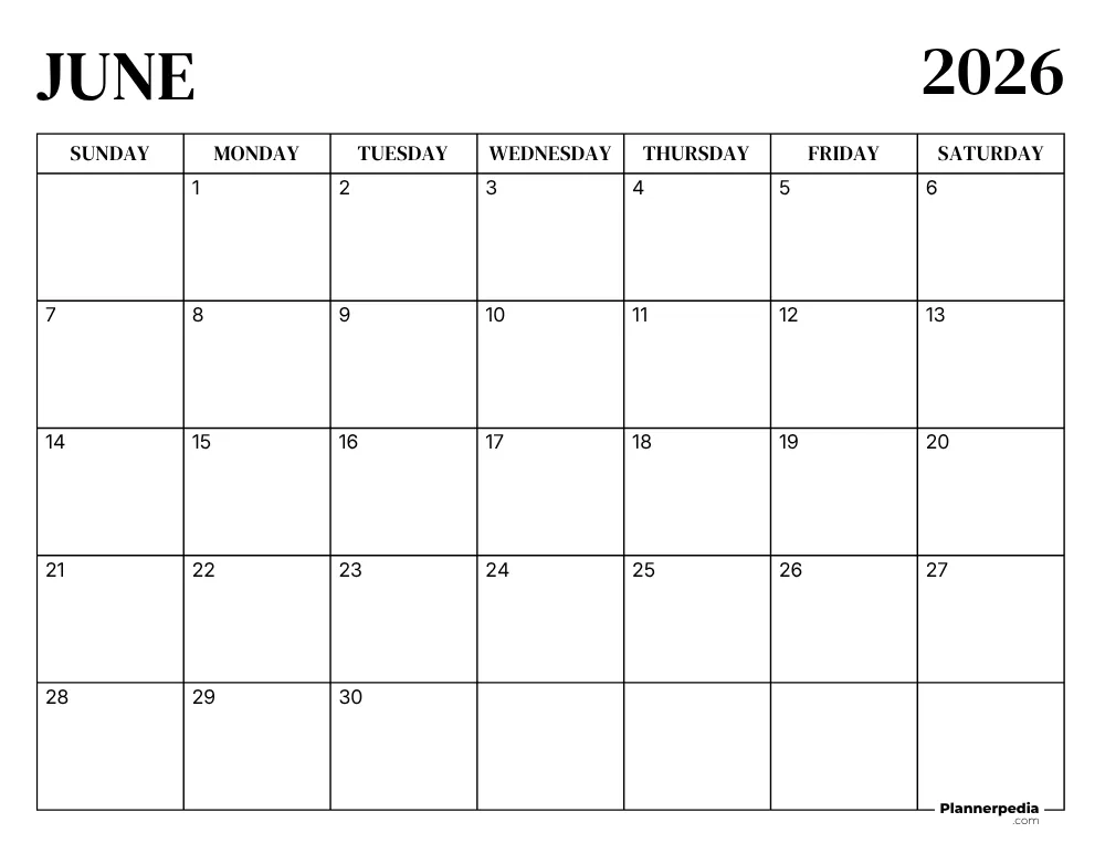 Printable June 2026 Calendar