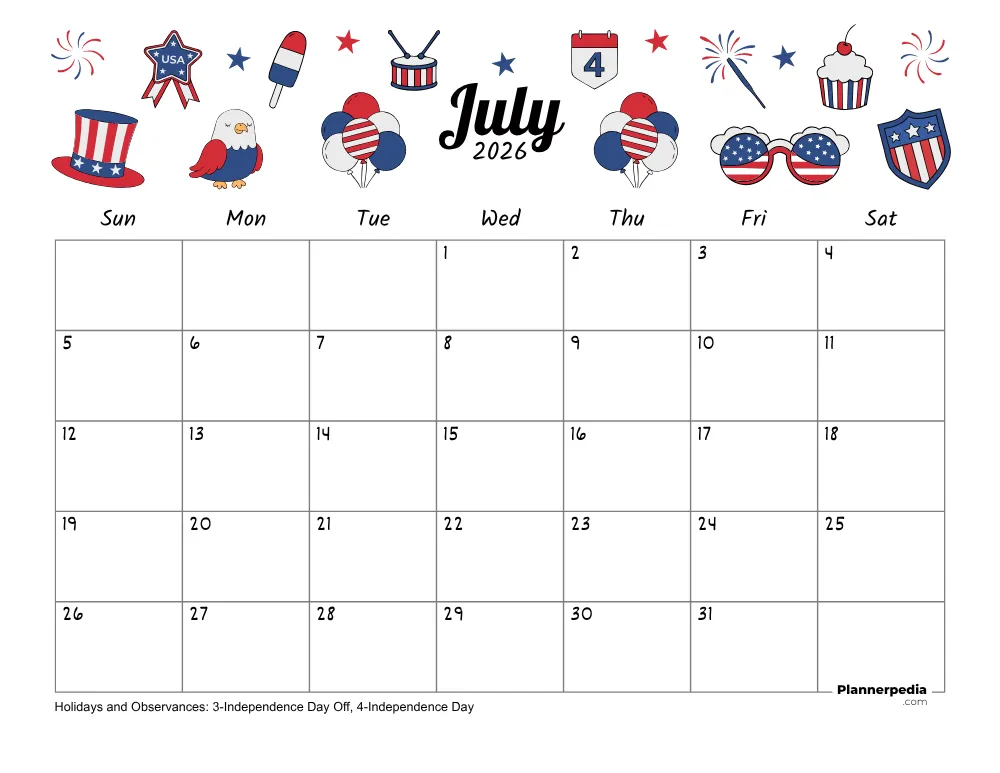 July 2026 Calendar Fourth of July Theme 01