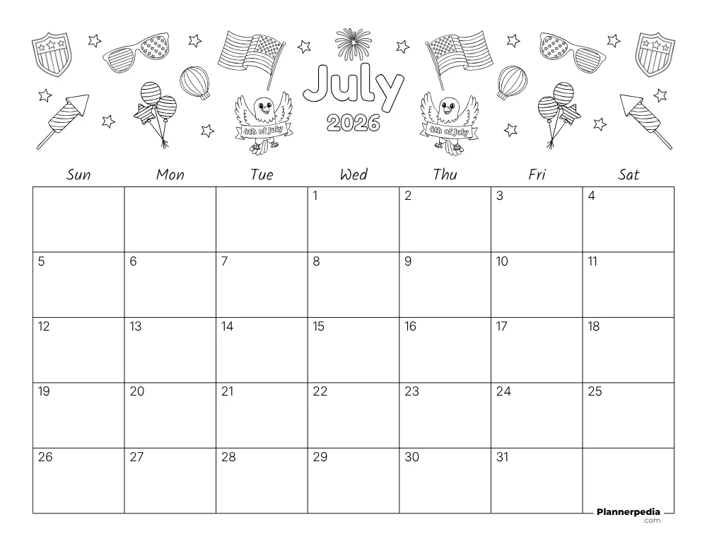 July 2026 Calendar Fourth of July Theme 02