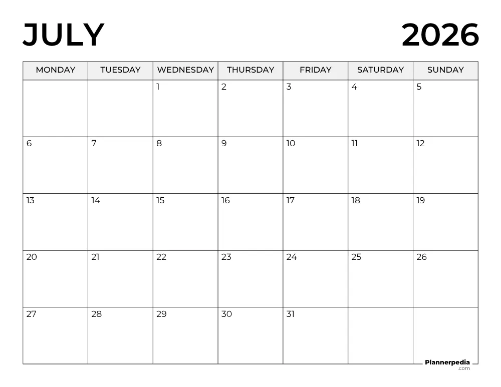 July 2026 Calendar Monday Start