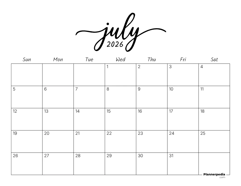 July 2026 Calendar Template
