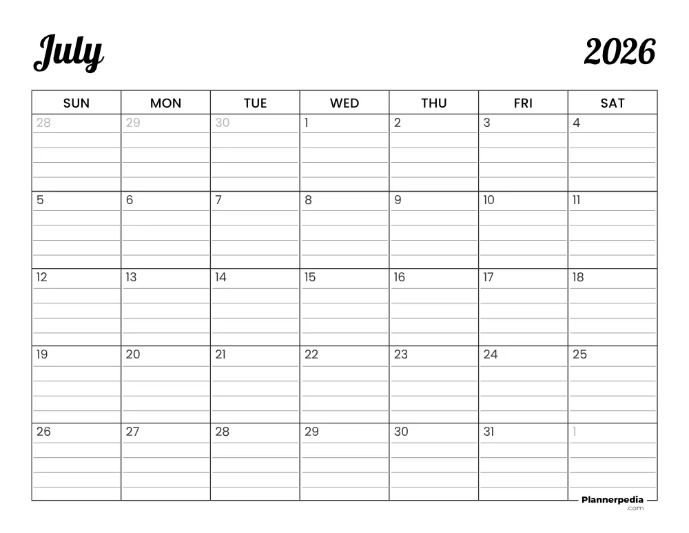 July 2026 Calendar with Lines 01