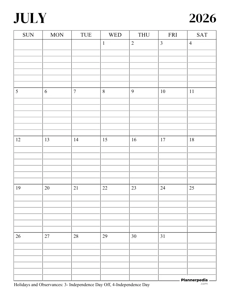 July 2026 Calendar with Lines 02