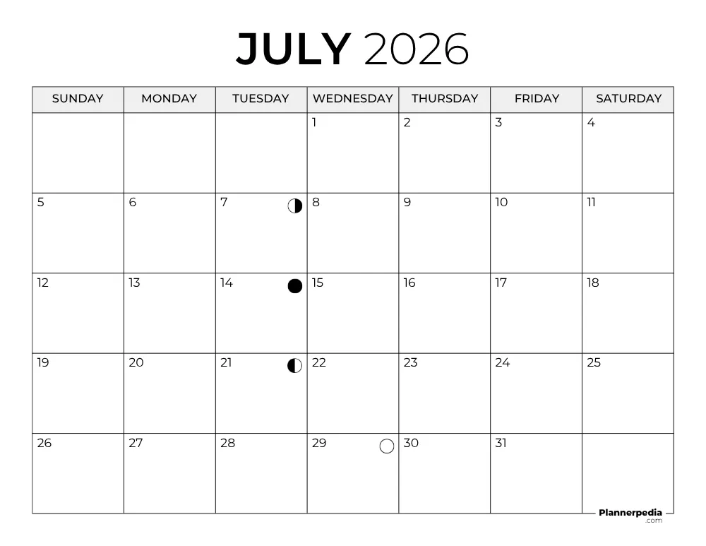 July 2026 Calendar with Moon Phases