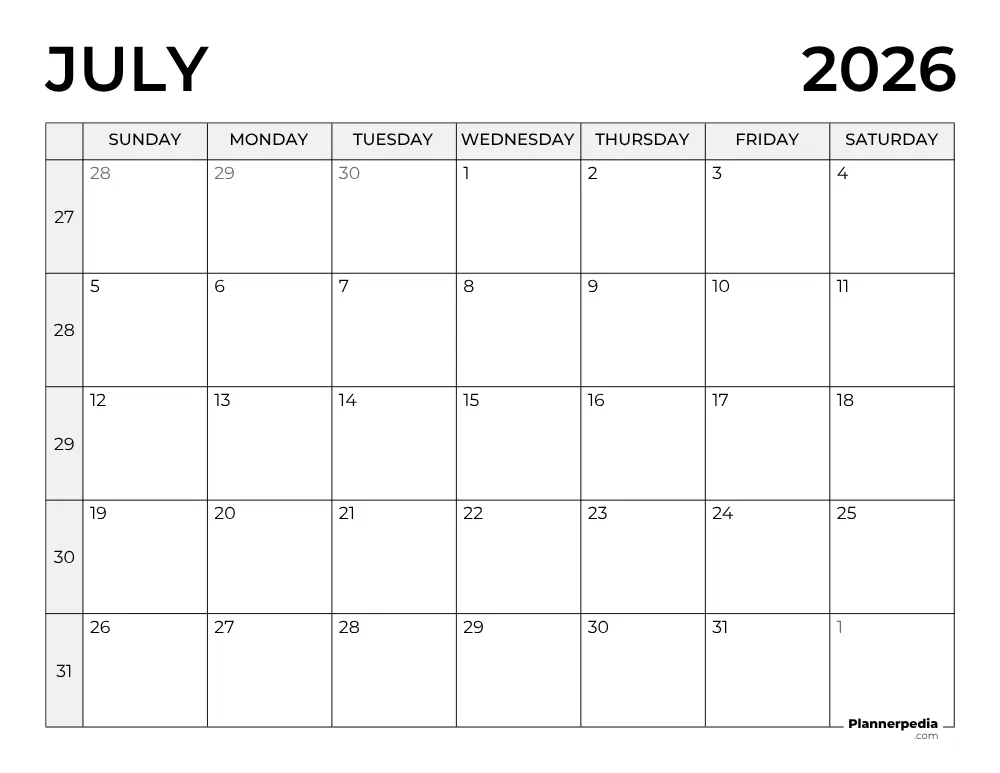 July 2026 Calendar with Week Numbers