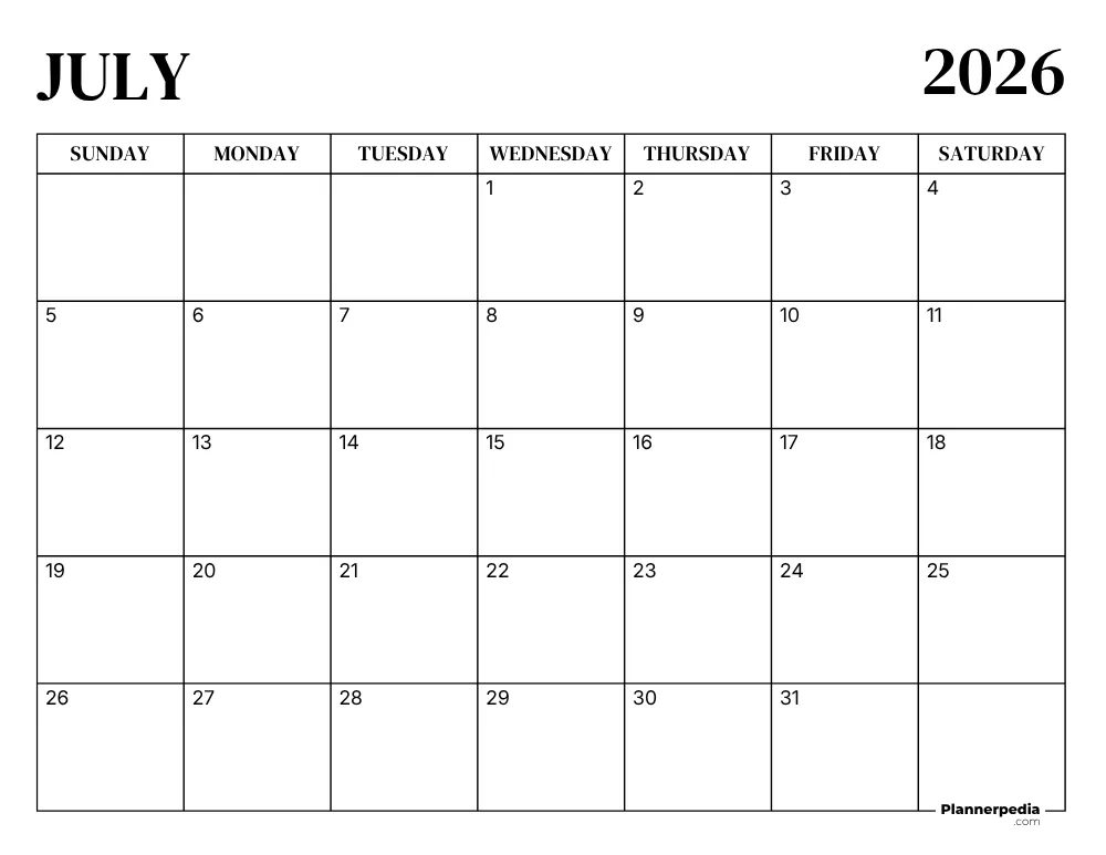 Printable July 2026 Calendar