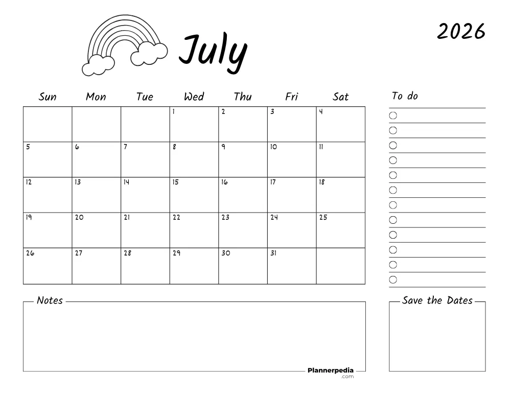 Printable July Calendar 2026