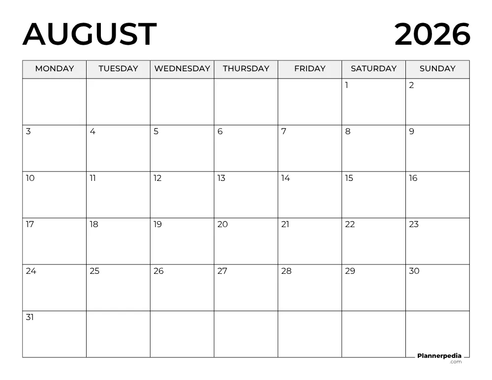 August 2026 Calendar Monday Start