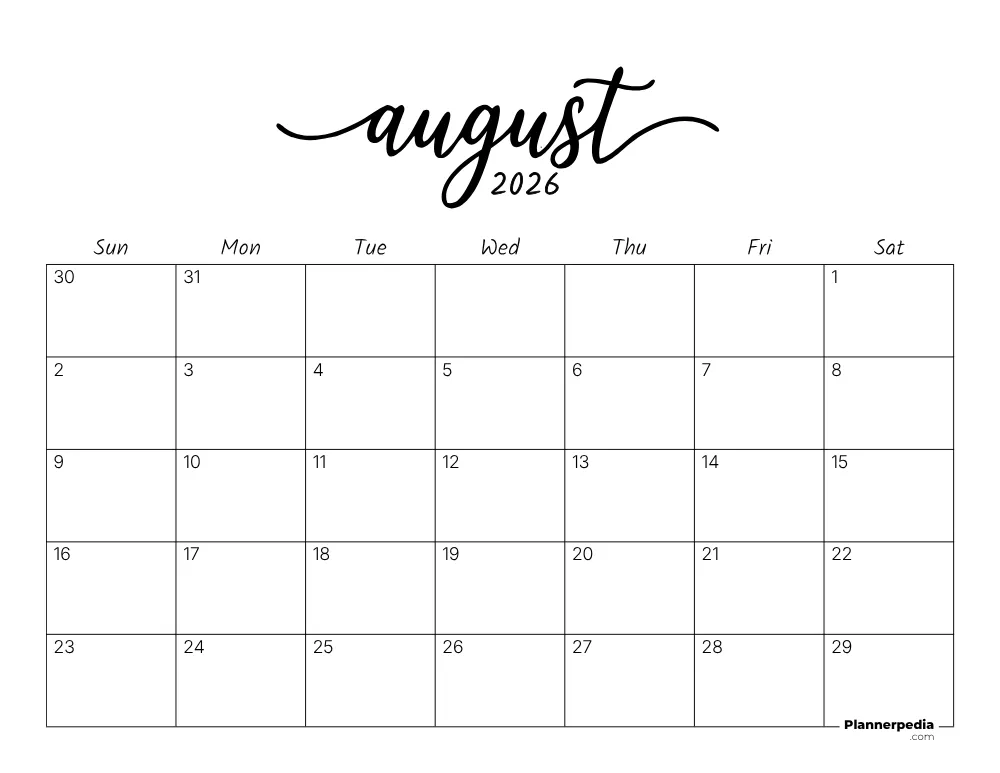 August 2026 Calendar Template