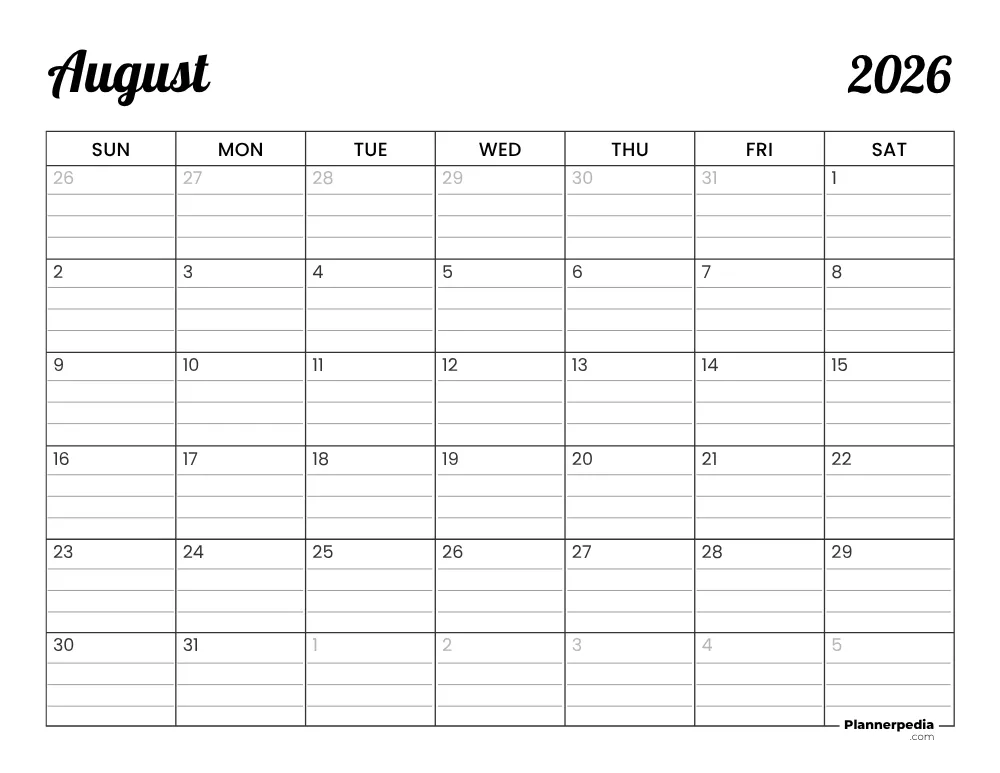 August 2026 Calendar with Lines 01