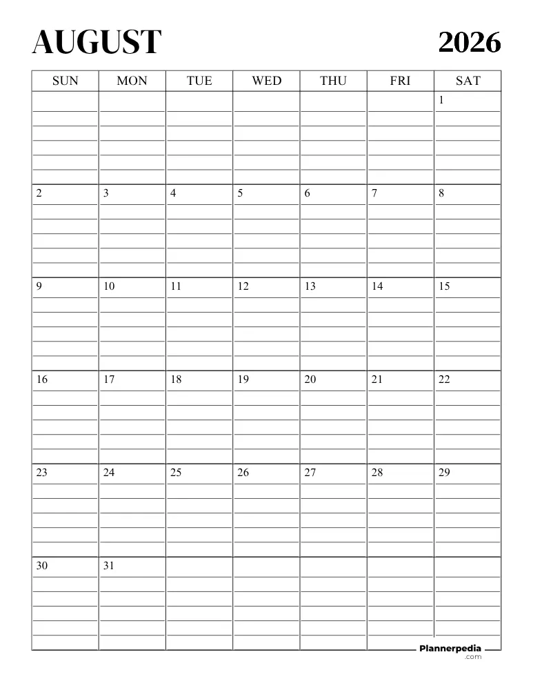 August 2026 Calendar with Lines 02