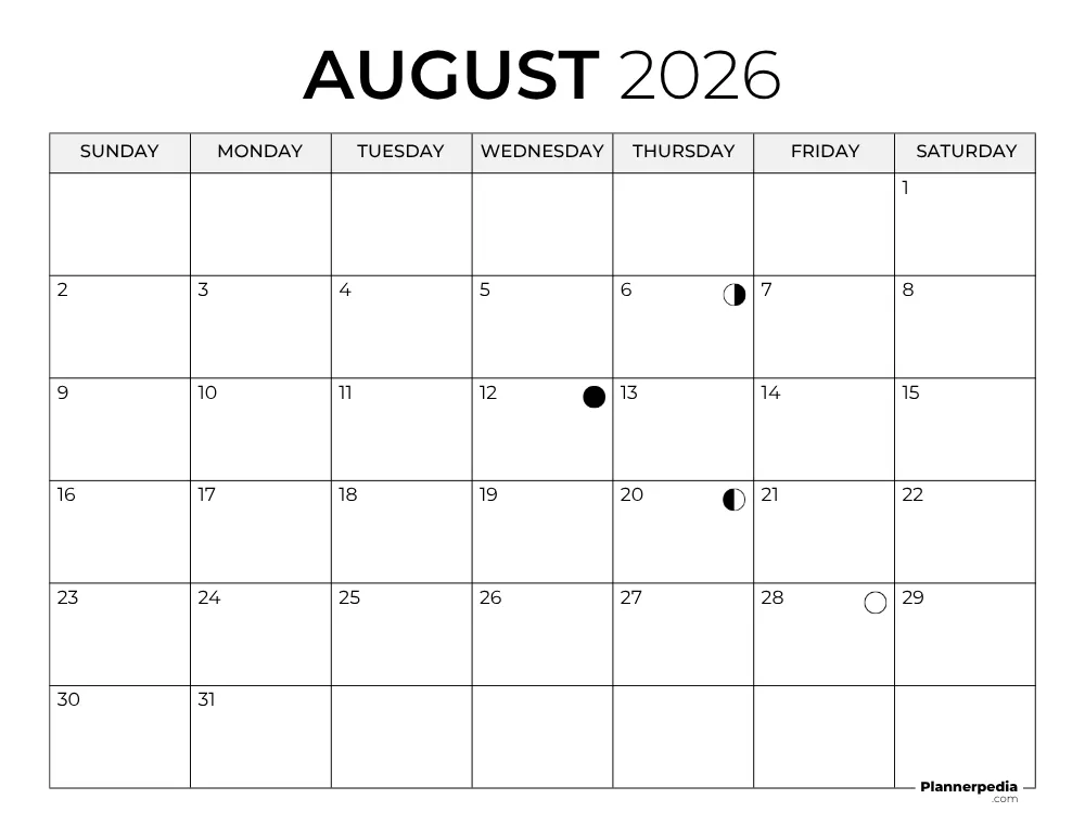 August 2026 Calendar with Moon Phases