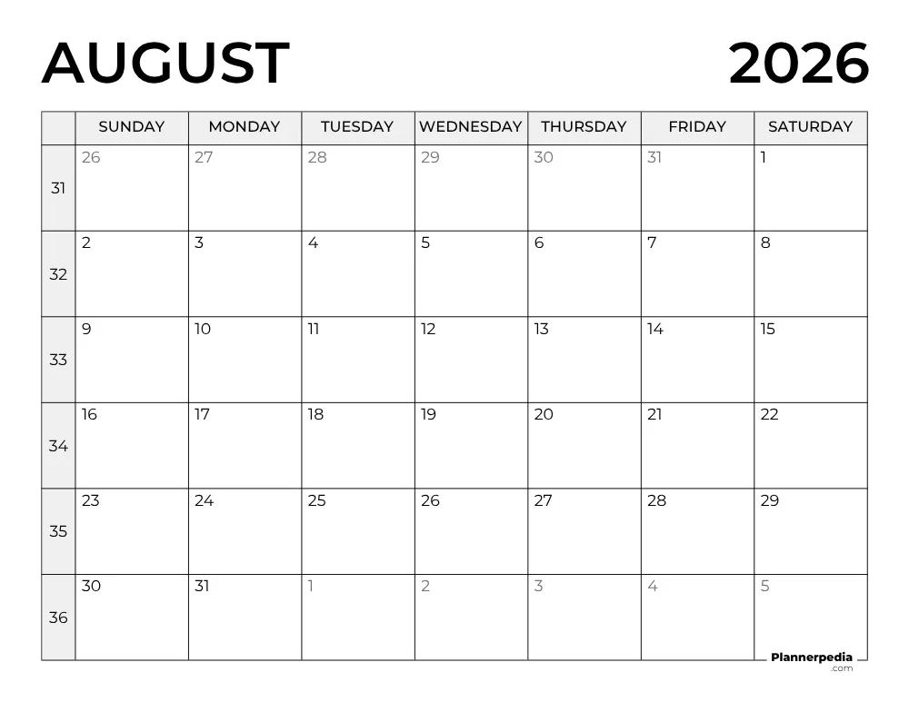 August 2026 Calendar with Week Numbers