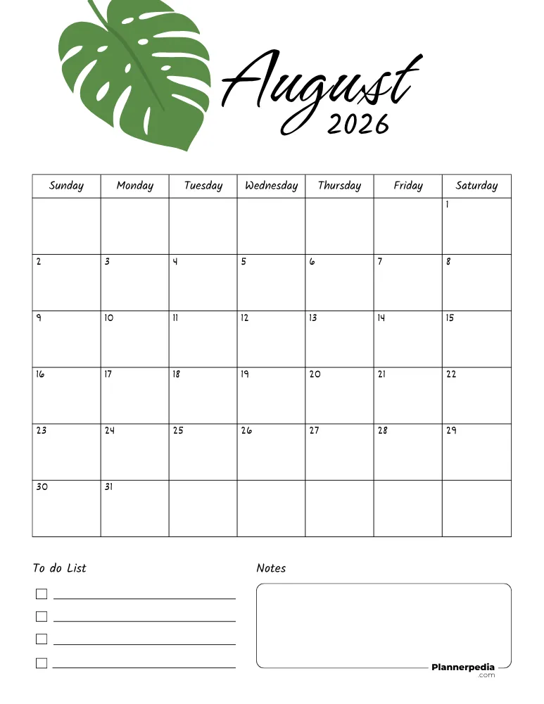 August 2026 Monthly Planner