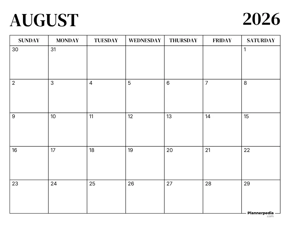 Printable August 2026 Calendar