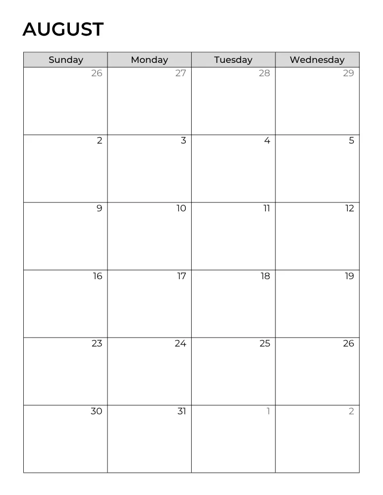 Printable August 2026 Monthly Planner Page 1 of 2
