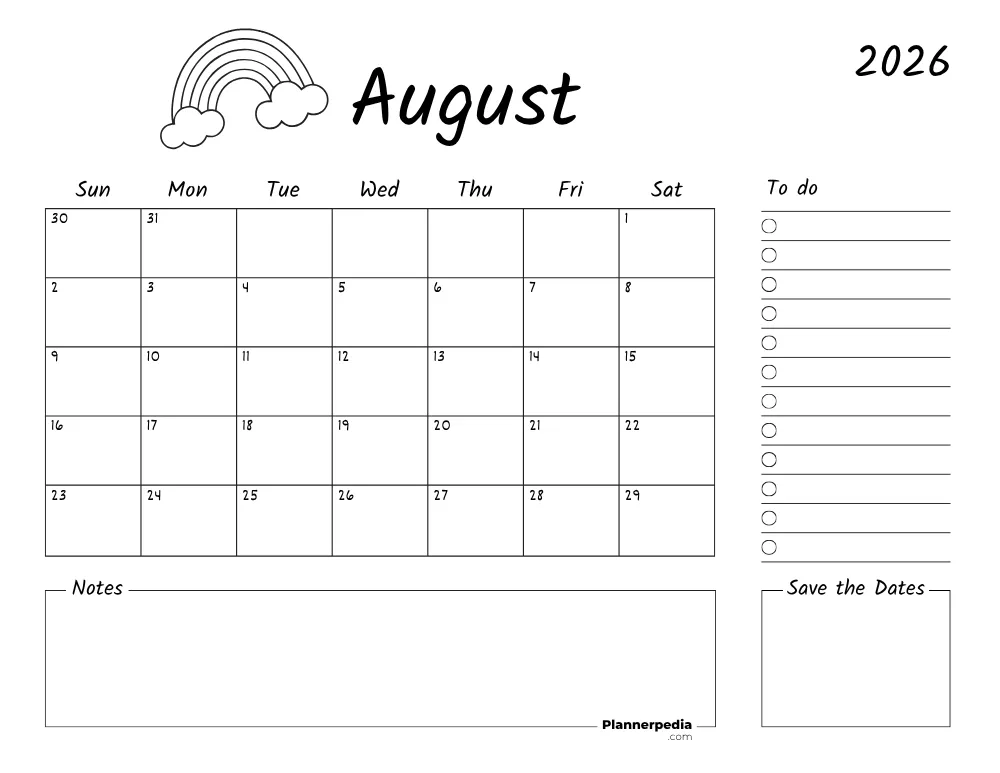 Printable August Calendar 2026