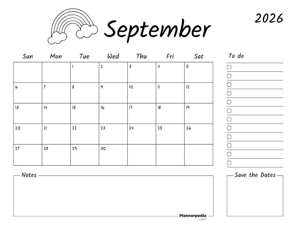 Printable September Calendar 2026