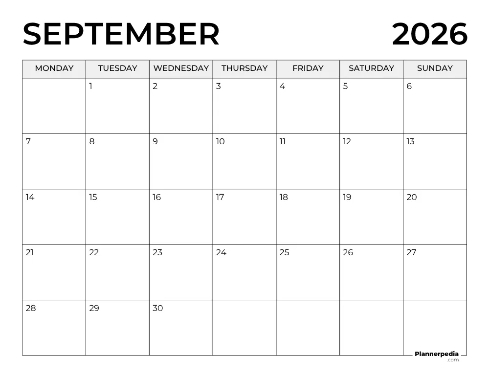 September 2026 Calendar Monday Start