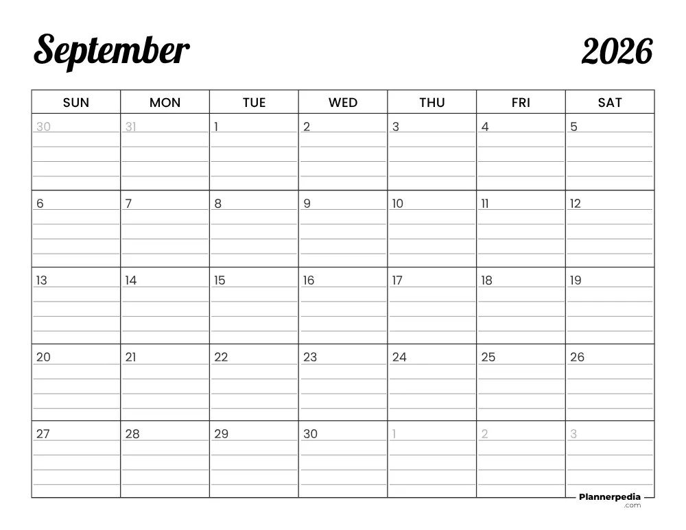 September 2026 Calendar with Lines 01