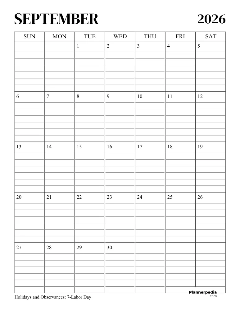 September 2026 Calendar with Lines 02