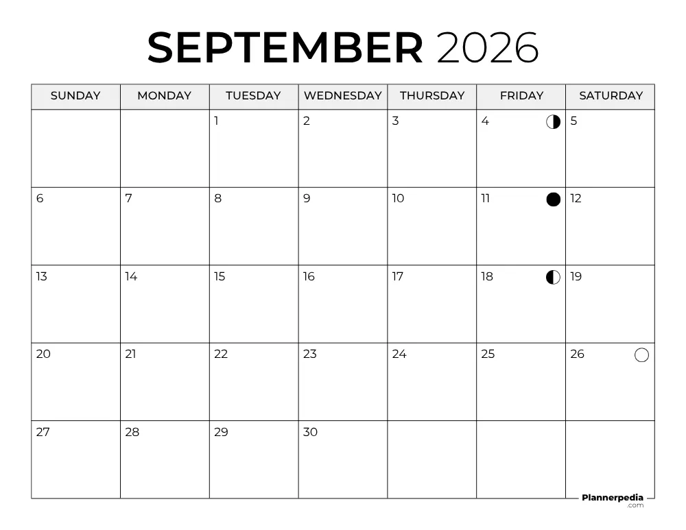 September 2026 Calendar with Moon Phases
