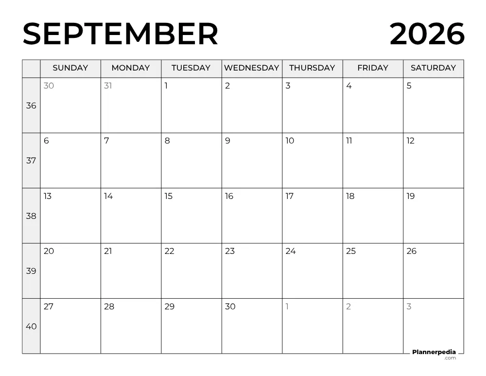 September 2026 Calendar with Week Numbers