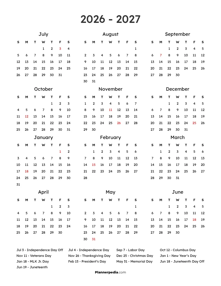 2026 2027 Calendar with Holidays