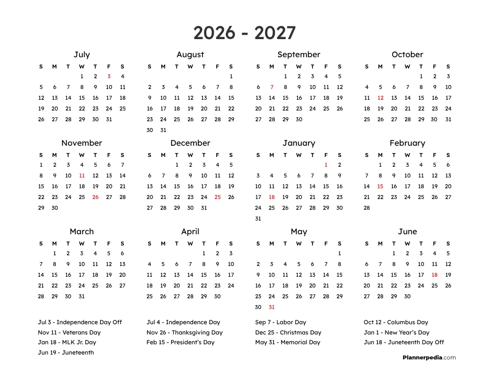 Calendar 2026 2027 with Holidays