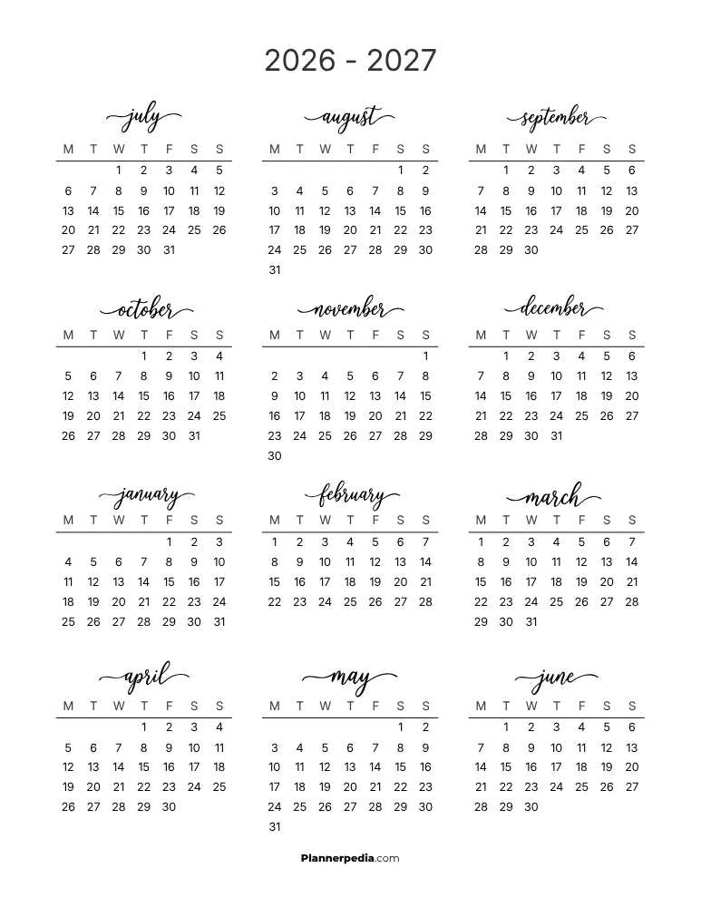Printable 2026 2027 Calendar Monday Start