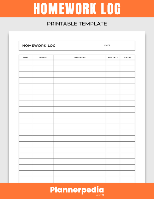 Printable Homework Log Template - Minimalist