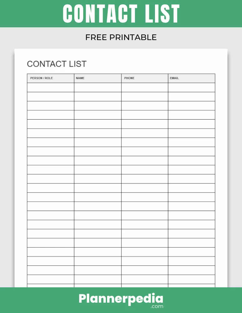 Printable Contact List Template - Blank